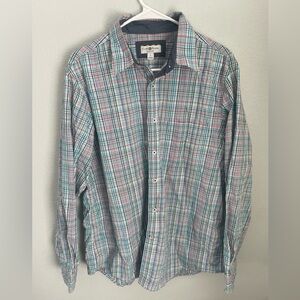Club Room Blue Green Pink Slim Fit Plaid Button Down Shirt Size Large